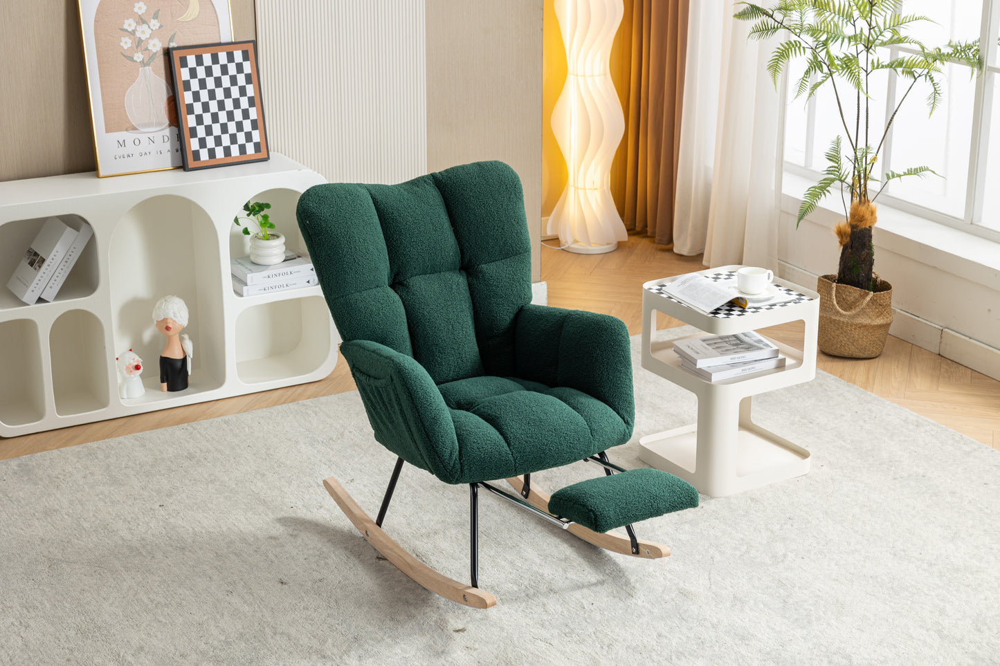 Teddy Fabric Rocking Chair with Adjustable Footstool - Green