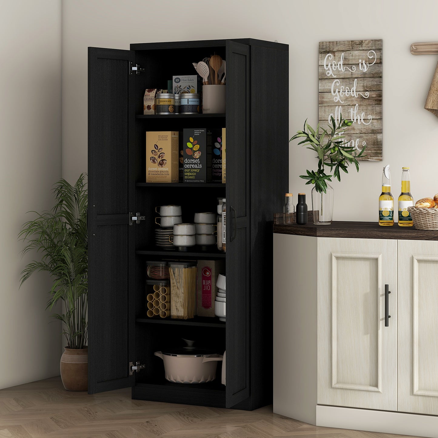 63" Freestanding Kitchen Pantry Cabinet with Adjustable Shelves - Black Wood Grain