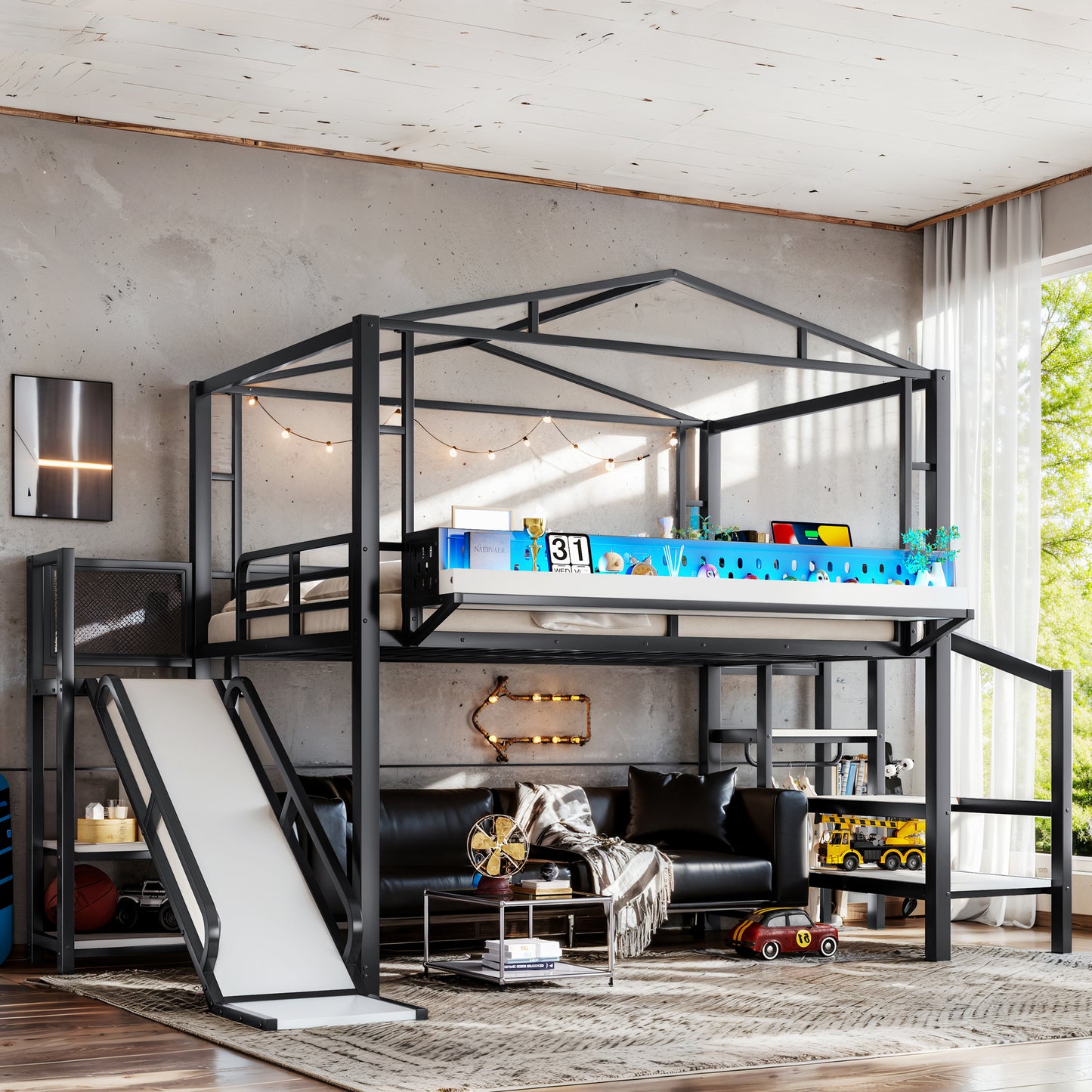 Full Size Metal Loft Bed with Storage Stairs, USB Ports & LED Lights - Black