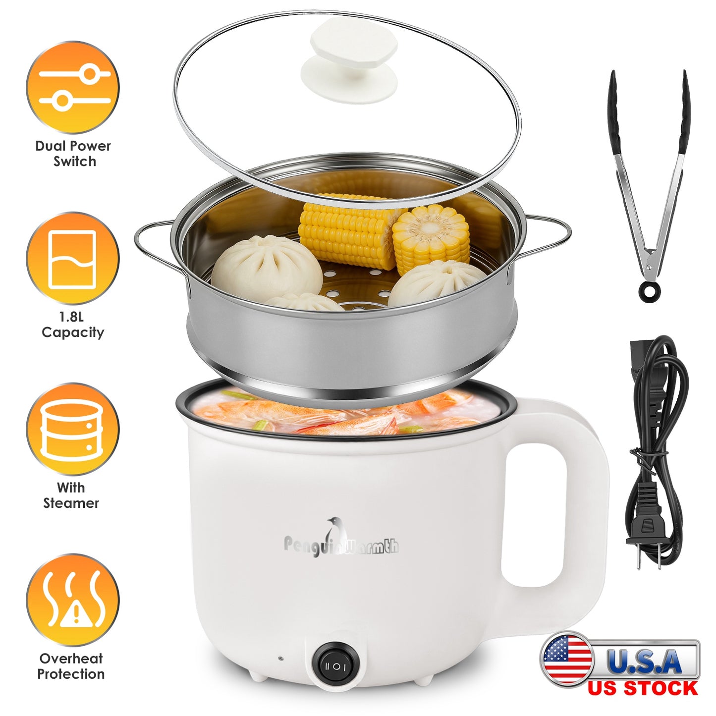1.8L Portable Electric Hot Pot with Steamer - Dual Power