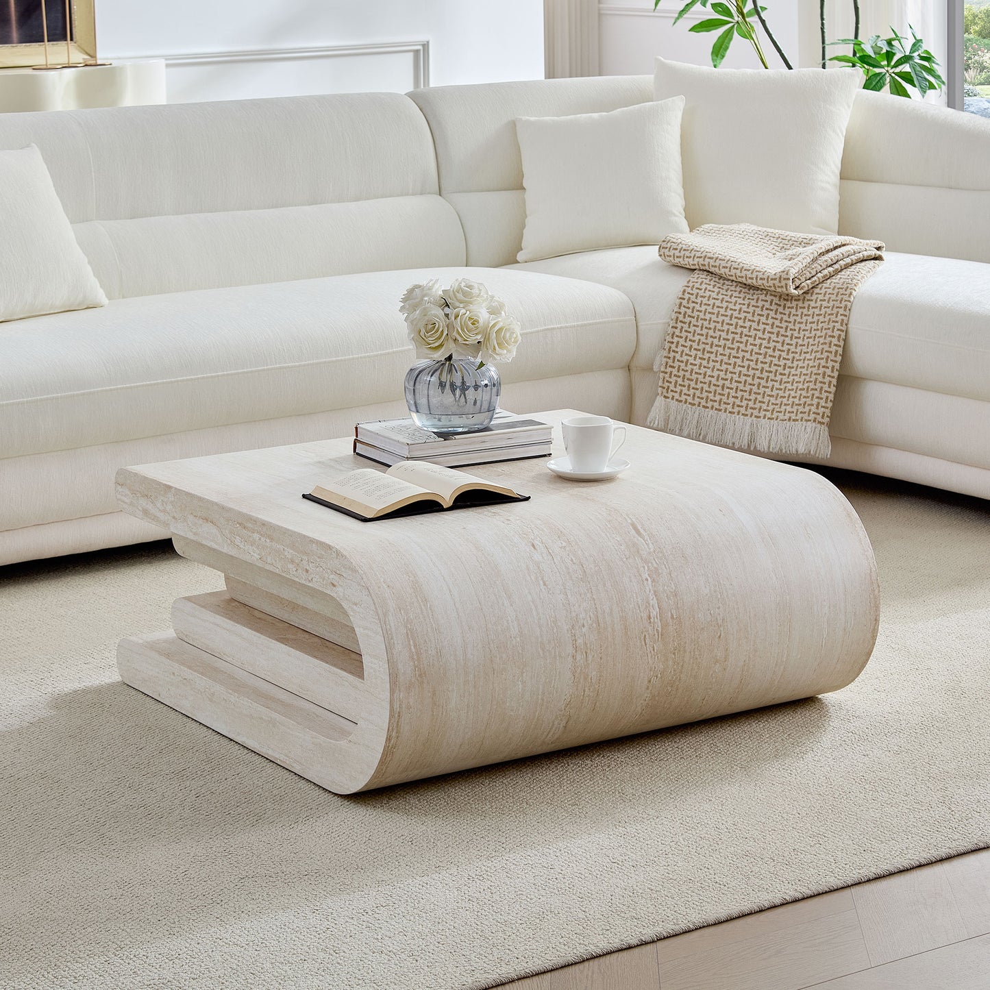 33.86 Inch Square Modern Coffee Table with Faux Travertine - Beige