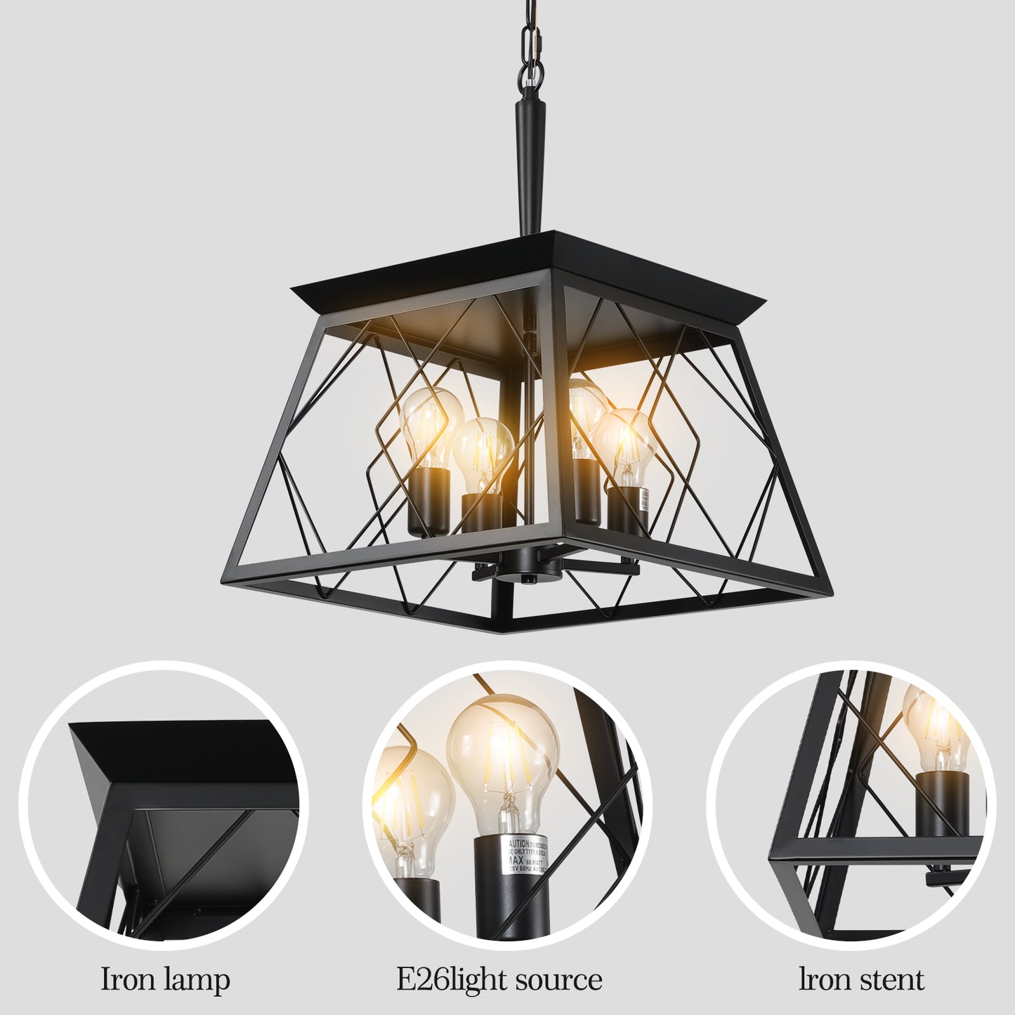 16-Inch Black Industrial 4-Light Pendant Chandelier - Adjustable