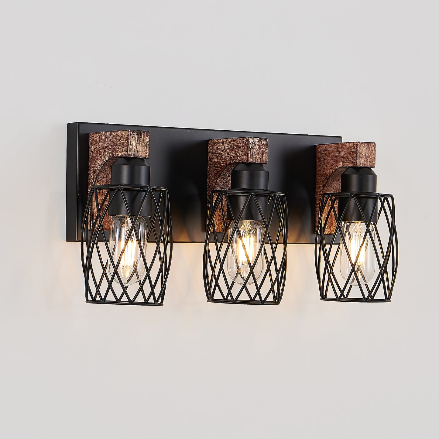 Vintage Industrial 3-Light Wall Sconce - Black Metal & Wood Accent