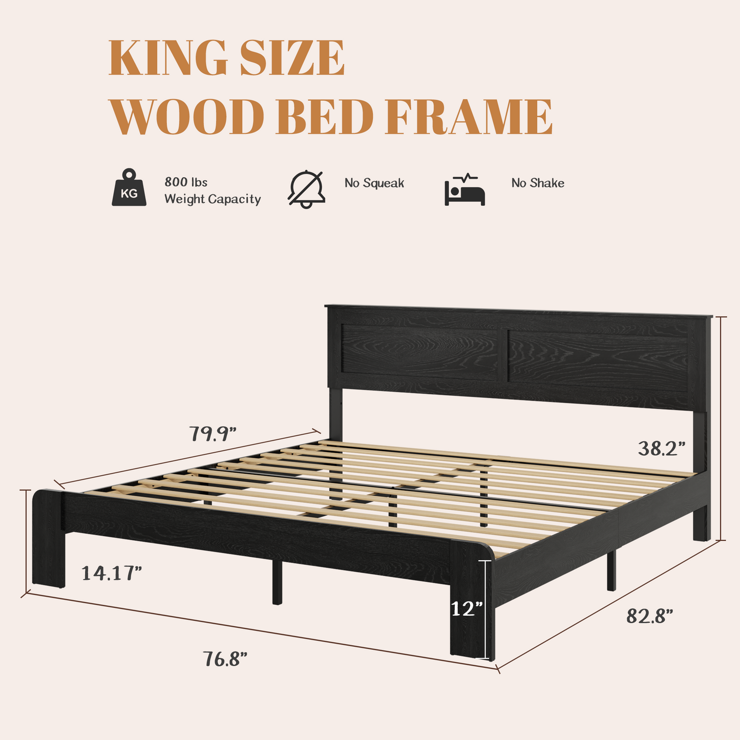 King Wood Platform Bed Frame with Underbed Storage - Black