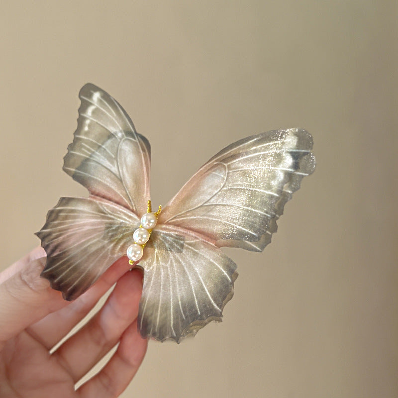 Mesh Pearl Butterfly Barrettes Duckbill Clip - Green (2pc)
