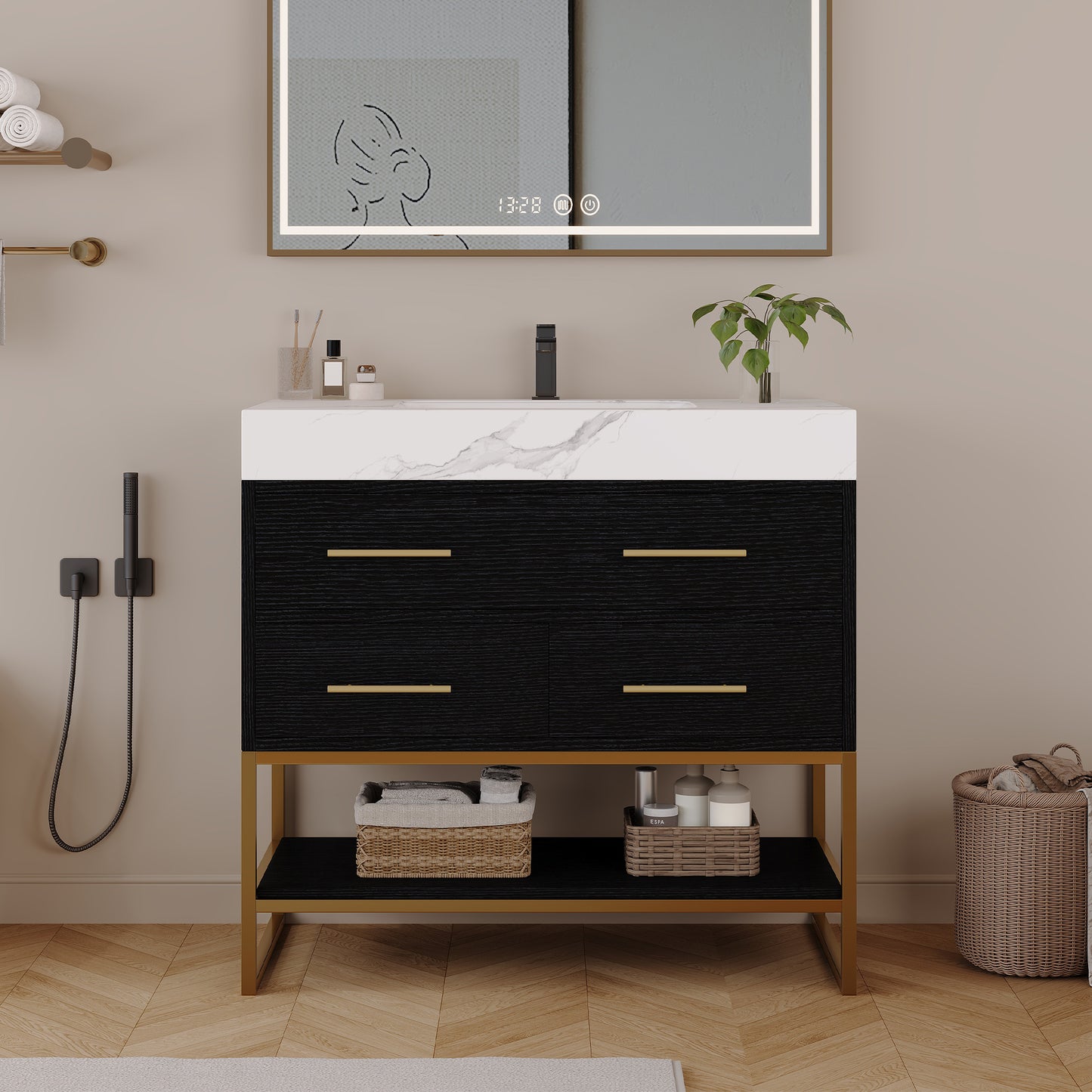 36" Artificial Stone Bathroom Vanity with Ceramic Sink & Storage