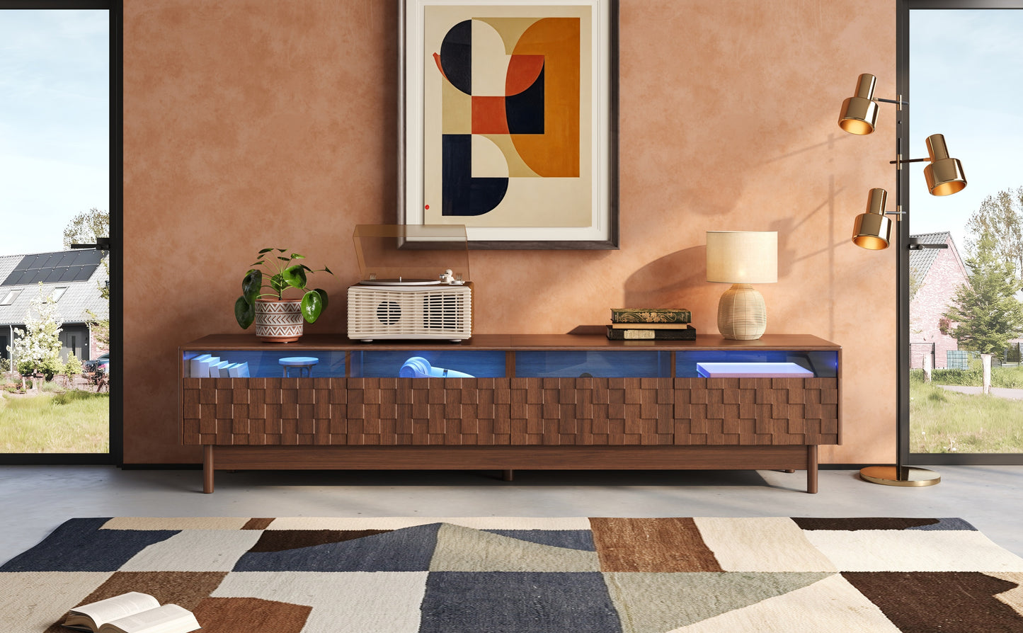 78 Inch TV Stand for Living Room - Modern Entertainment Center with LED Lights and Glass Drawers