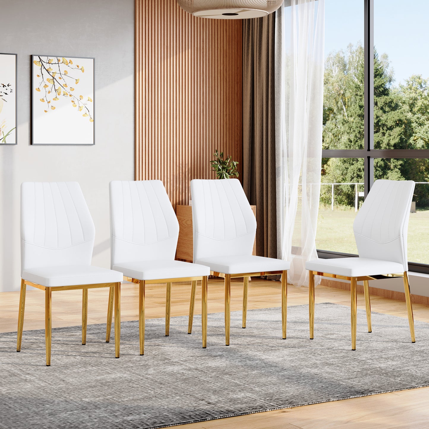 Set Of 4 Gold - And White Dining Chairs, 37 Inches High ,Ergonomic PU