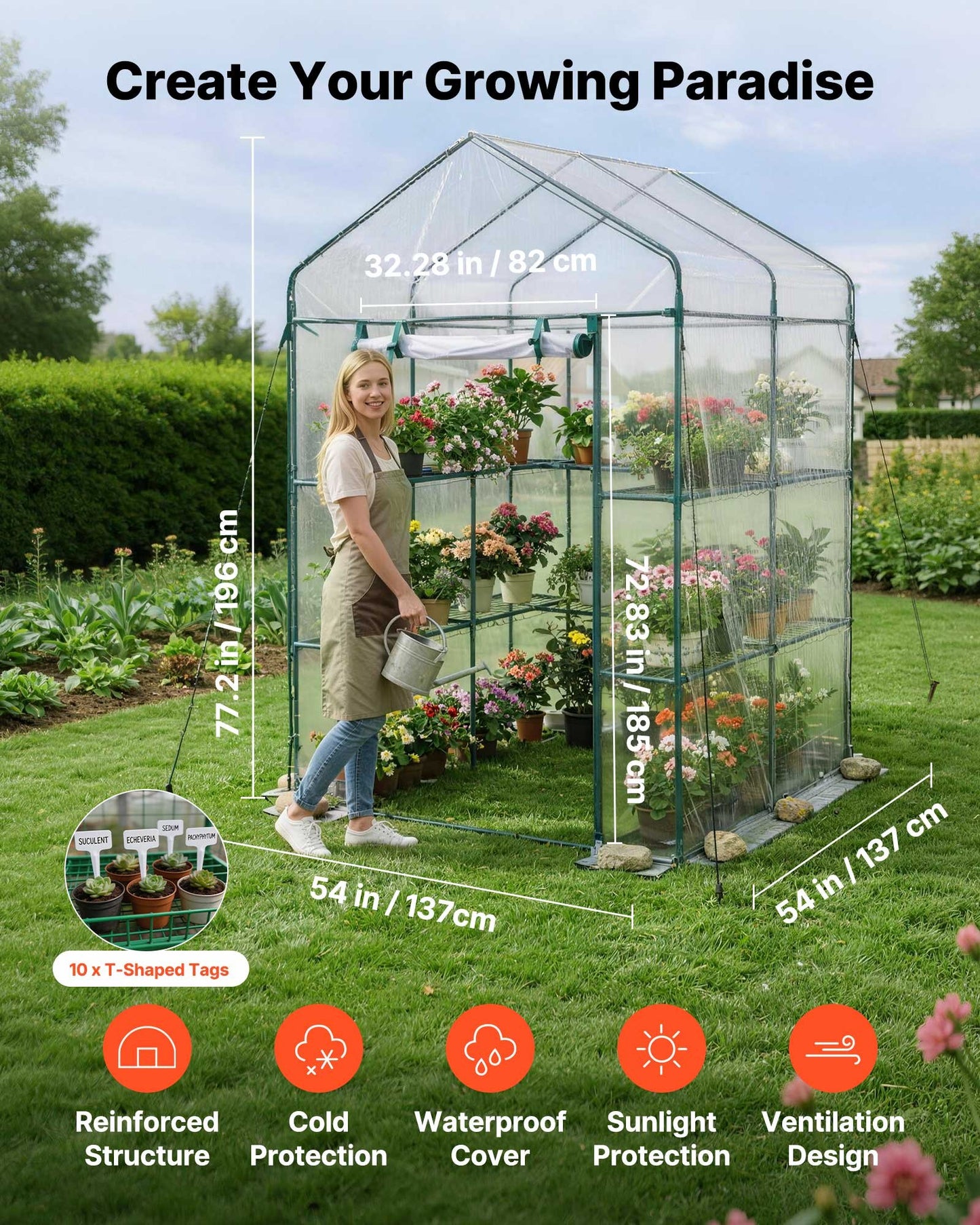 Walk-In Greenhouse with Shelves - 54x54x77.2 in, Steel Frame, Waterproof Cover