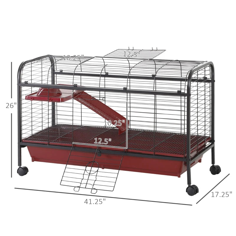 Small Animal Cage with Ramp & Feeder - Mobile Pet Hutch for Rabbit & Ferret, 41.5 Inch
