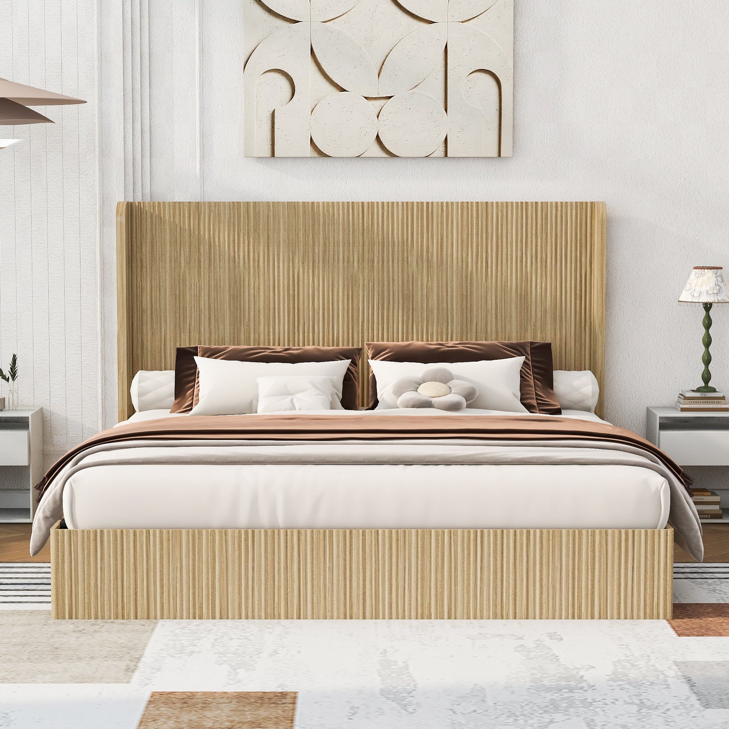 King Size Mid-Century Fluted Wood Bed Frame with Wingback Headboard