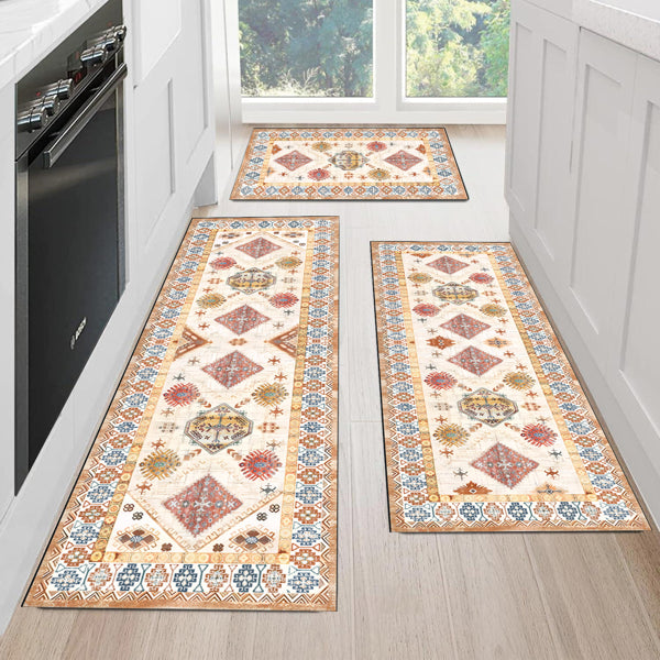 3-Piece Boho Kitchen Rug Set with Non-Slip Runner - Washable