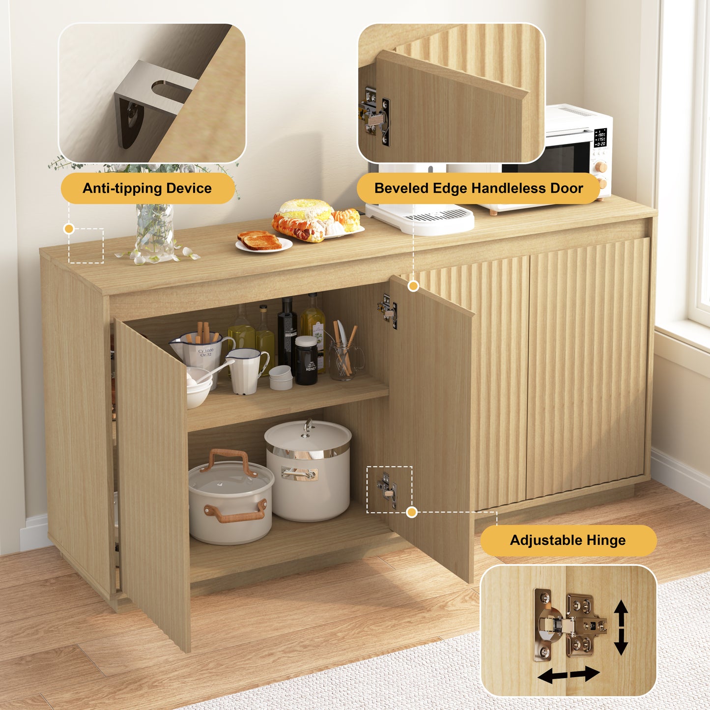 Natural 4-Door Sideboard Buffet Cabinet with Power Outlet