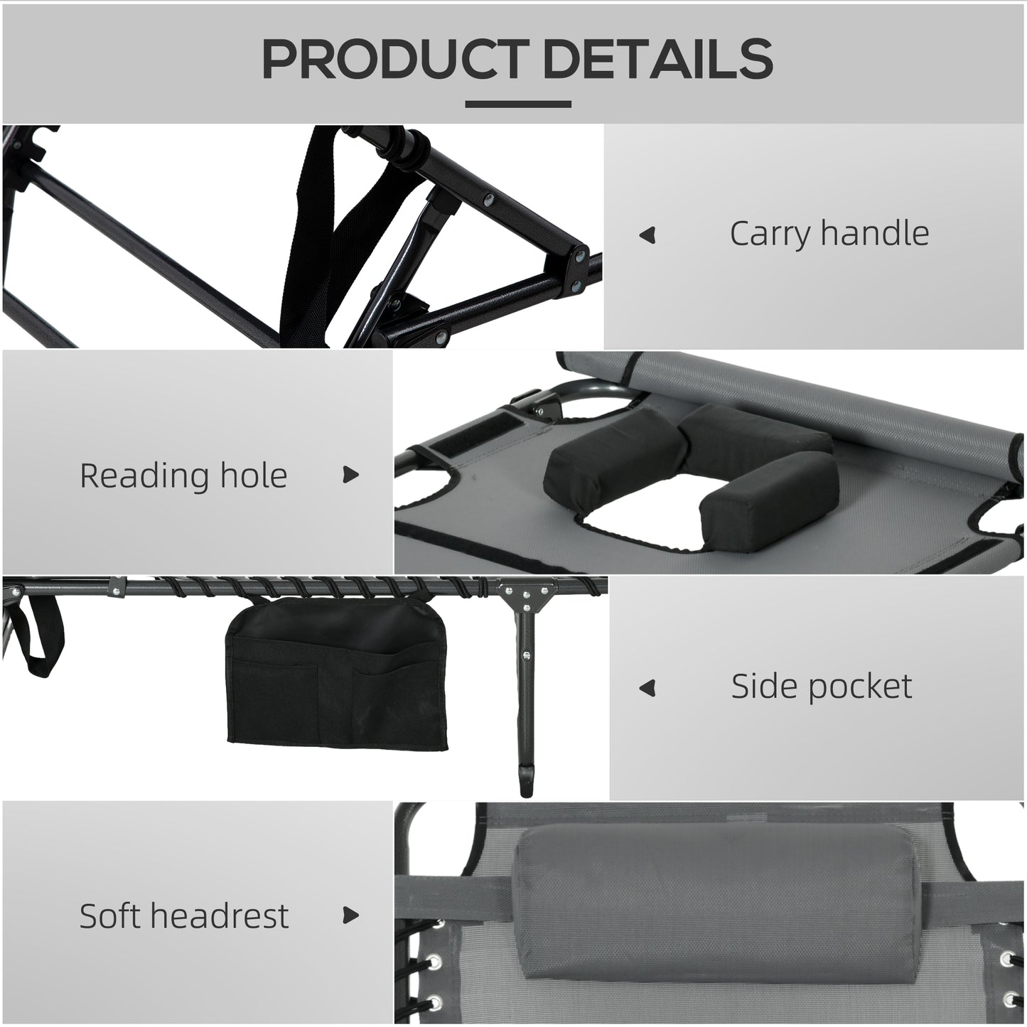 Folding Chaise Lounge Chair with 5-Level Recline, Gray
