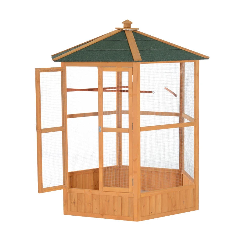 Wooden Hexagonal Outdoor Bird Cage with Covered Roof - Natural Brown