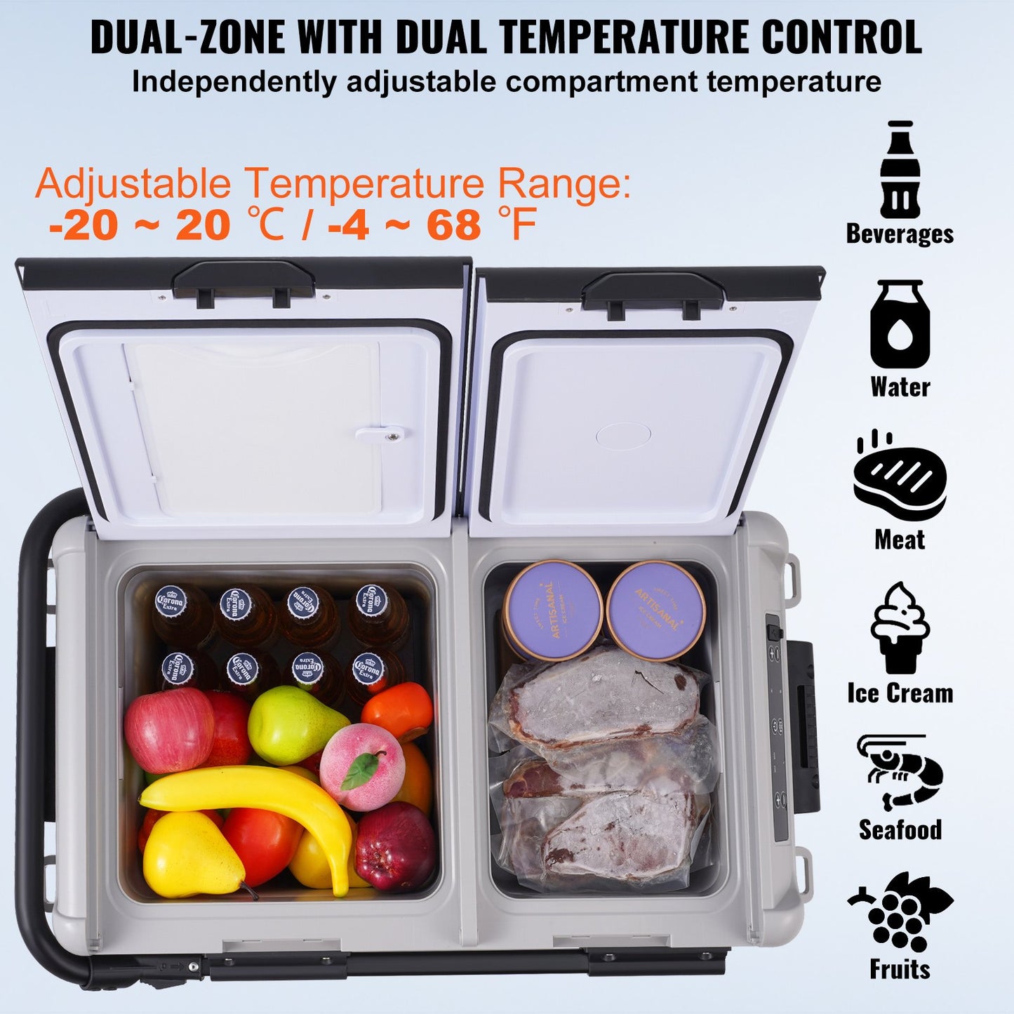 Portable Car Refrigerator Freezer 50L Dual Zone Cooler with LED Display - Black