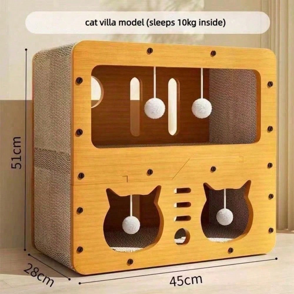 Double Layer Cat Scratcher House Large Space Cat Bed with Hanging Toy
