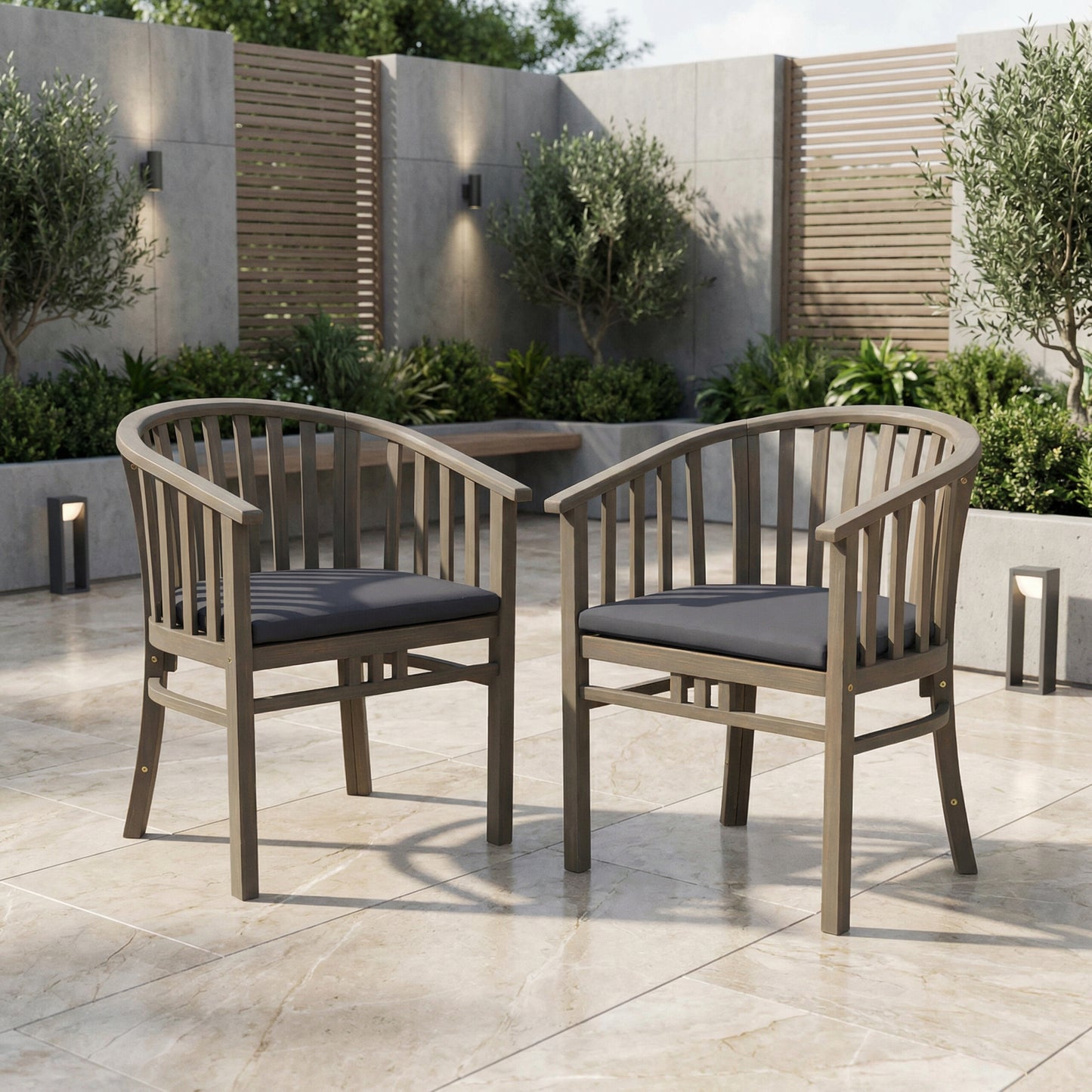Outdoor Dining Chairs Set of 2 with Cushions - Dark Grey Acacia Wood