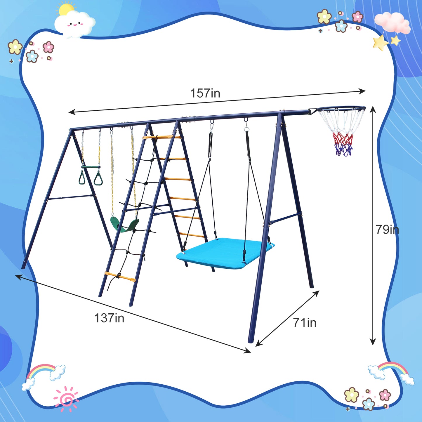 6-in-1 Swing Set with Climbing Ladder, Trapeze Bar & Hammock Swing