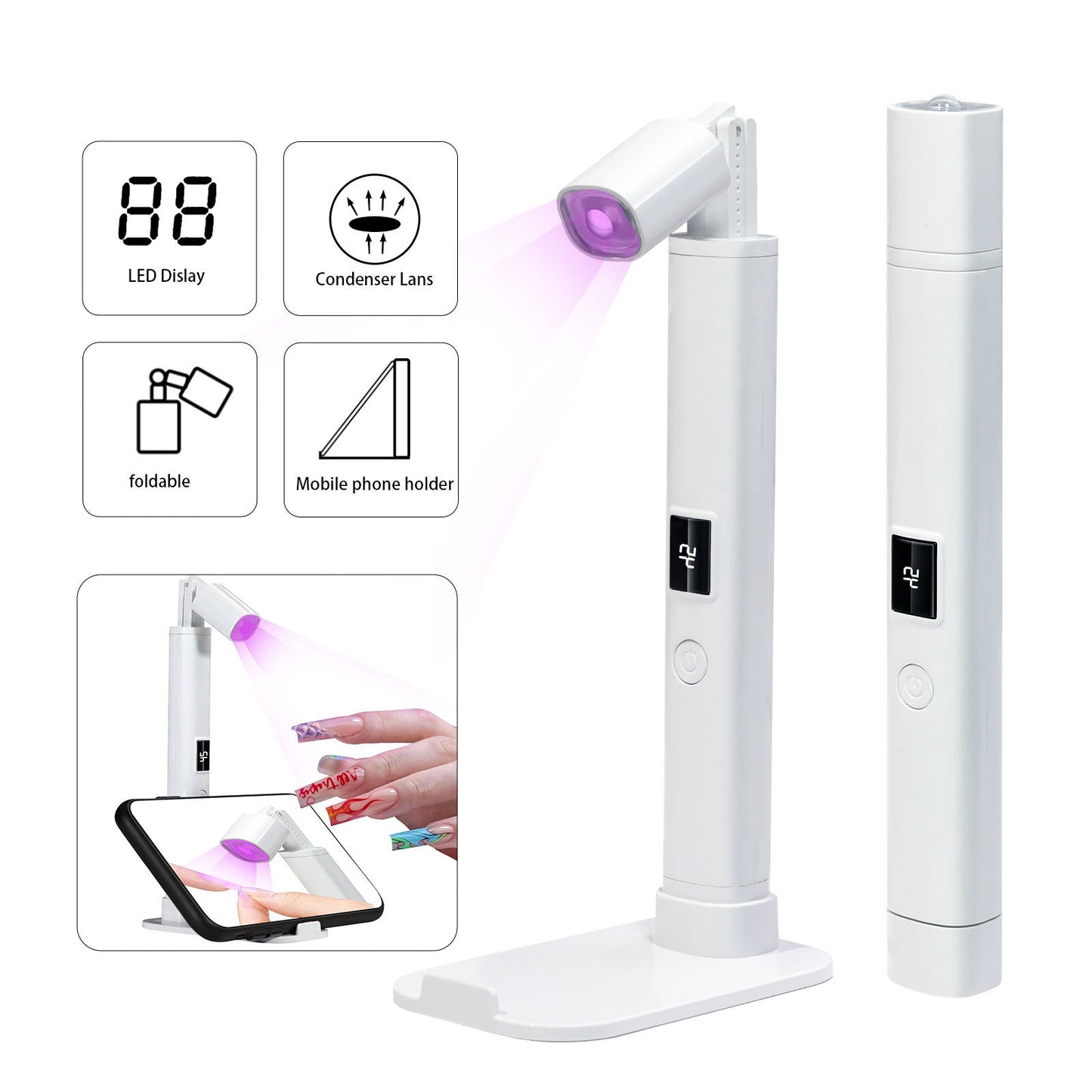 Portable Mini LED Nail Lamp with LCD Display - Foldable Handheld UV Light