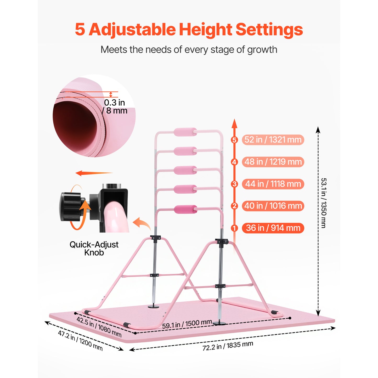 Kids Gymnastics Bars - Adjustable Folding Kip Bar with Mat, Indoor Outdoor Training Equipment, Pink