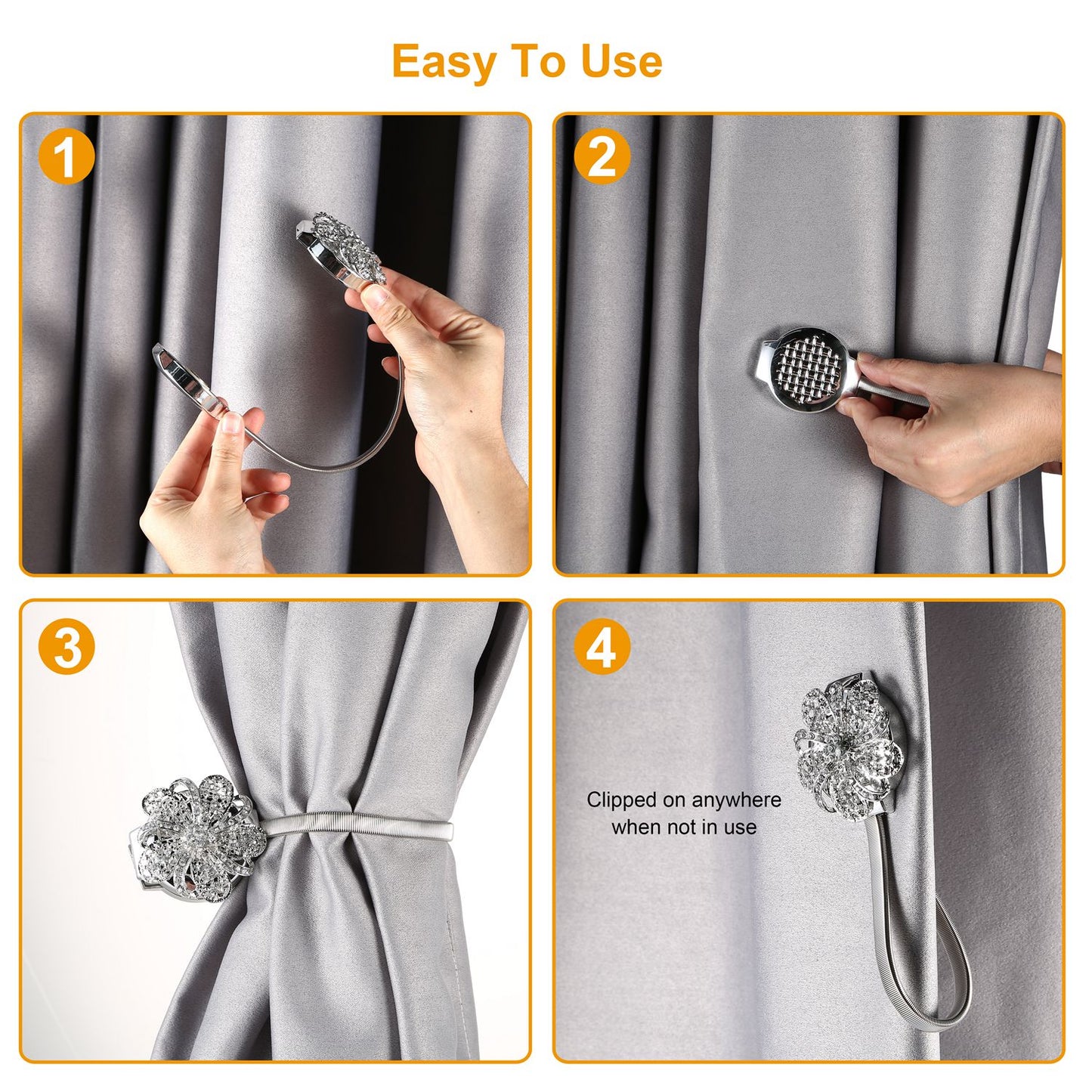 Magnetic Curtain Tiebacks - 2 Pack Silver Floral Holders