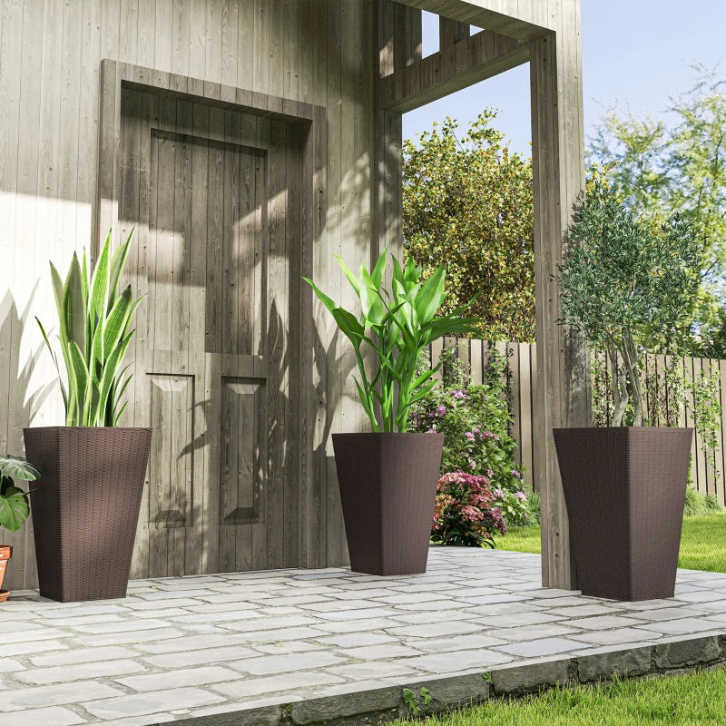 Set of 3 Tall Outdoor & Indoor Planters with Drainage Holes - Brown