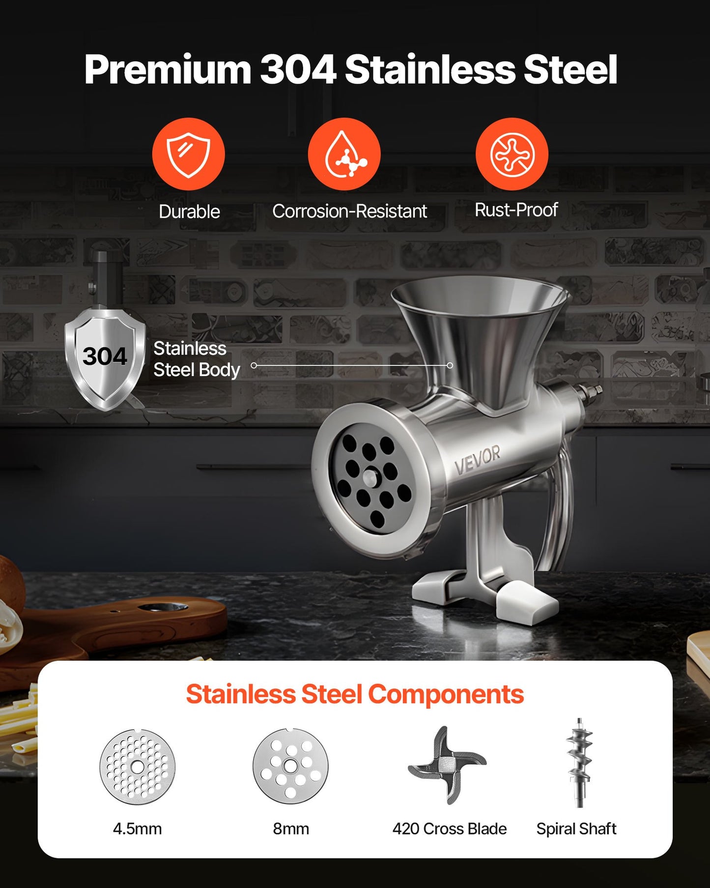 Manual Meat Grinder with Sausage Stuffer - 304 Stainless Steel