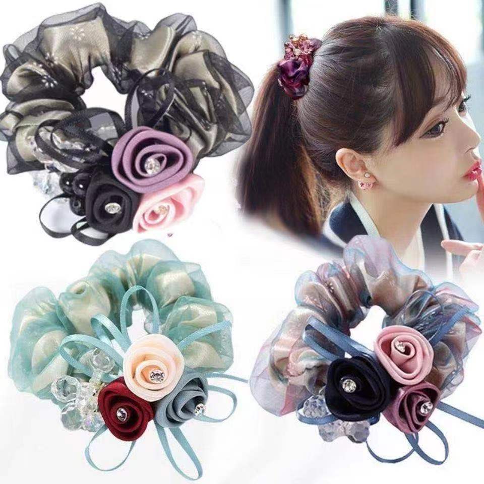Large Intestine Flower Scrunchies with Rhinestones & Pearls – Hair Accessories for Women