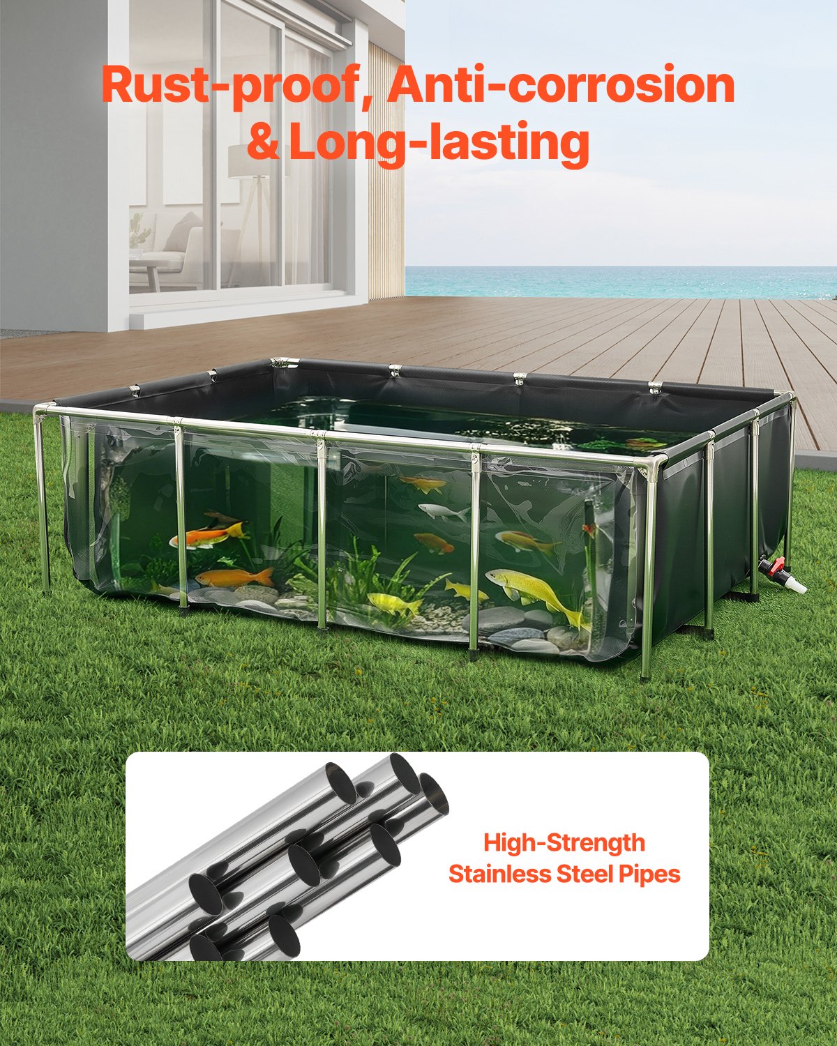 Above-Ground Fish Pond Tank 470 Gal with Clear Viewing Panel - Durable Canvas