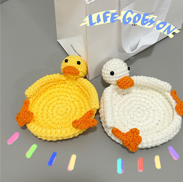 Crocheted Cartoon Duck & Panda Polyester Teacup Coaster Set - Heat Insulation