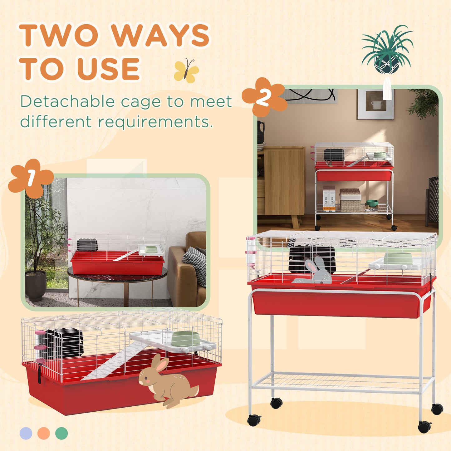 Small Animal Cage with Removable Stand, Wheels & Shelf - 33x18.5x35 Inches, Red