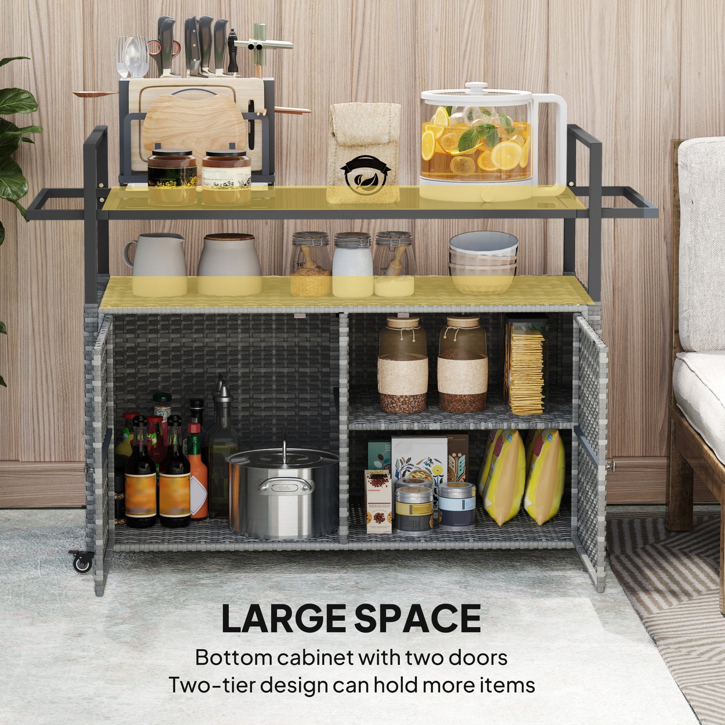 2-Tier Shelf PE Rattan Outdoor Bar Table, Glass Top Serving Cart With