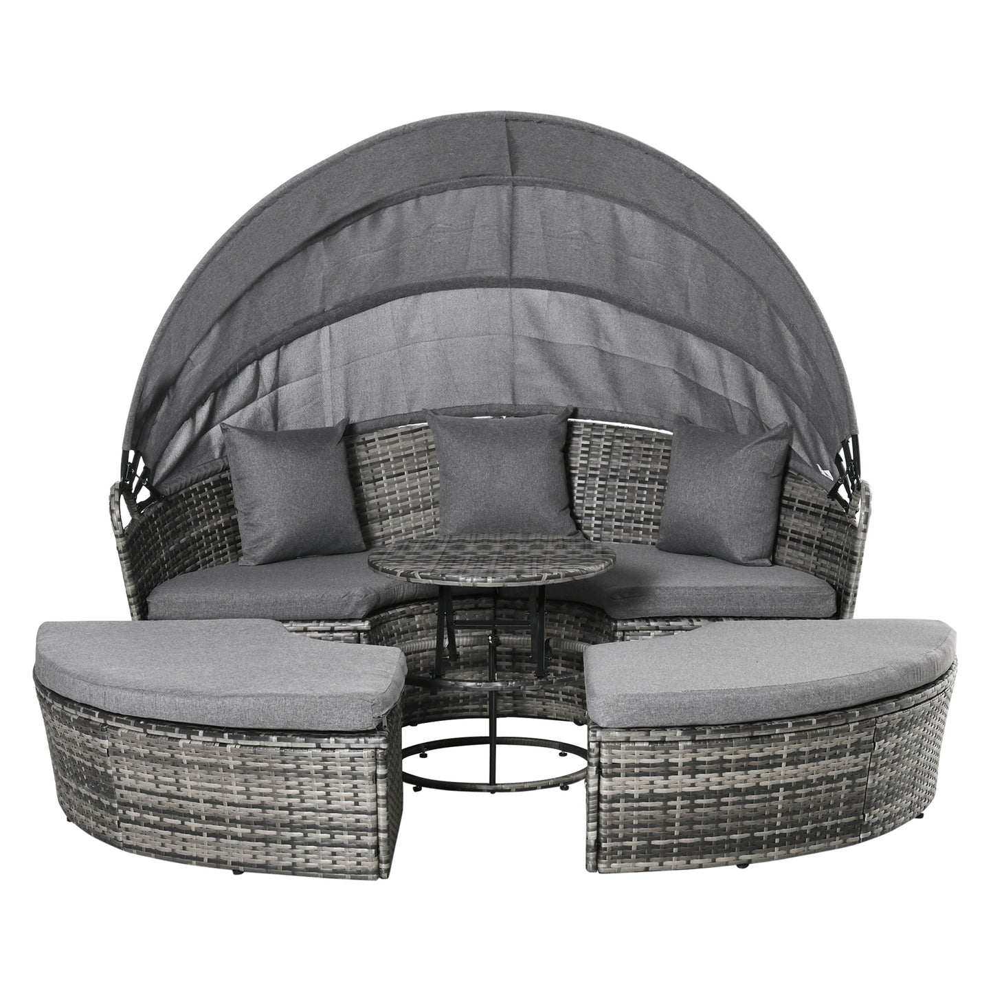 4-Piece Round Rattan Daybed Set with Adjustable Canopy - Gray