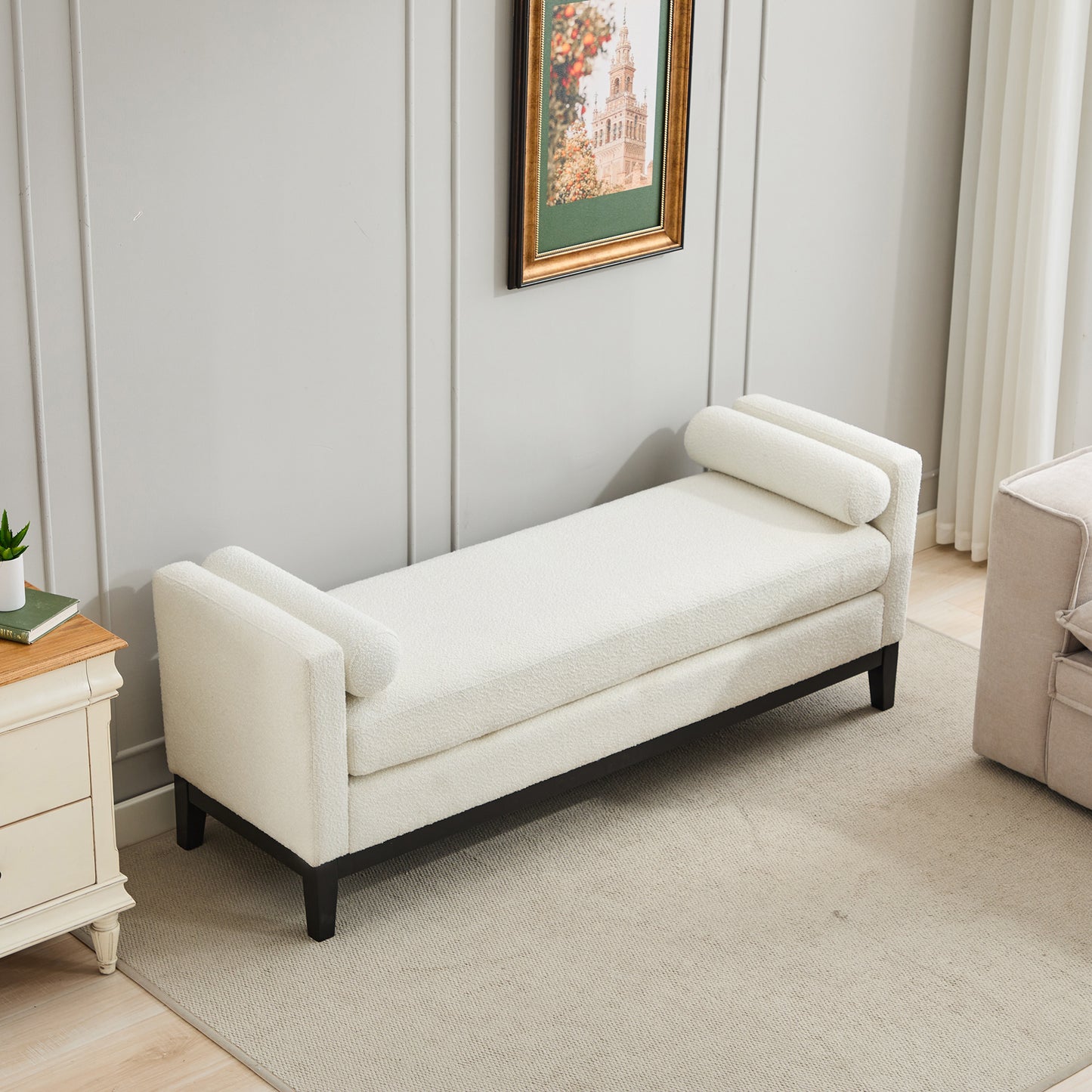 66.34" Upholstered End of Bed Bench - Ivory Boucle with Wood Frame