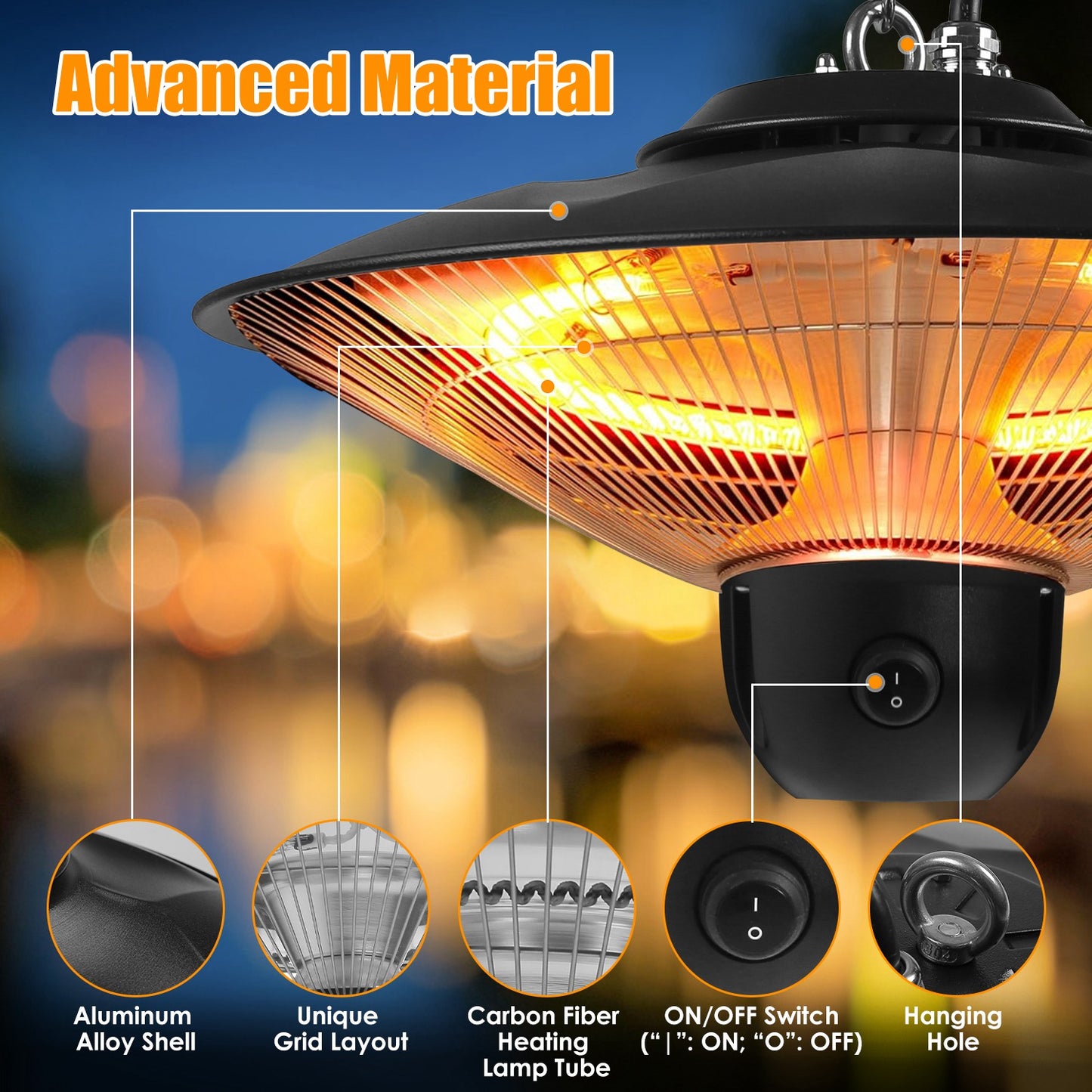1500W Outdoor Ceiling Mount Patio Heater IP23 Waterproof with Remote & Timer - Black