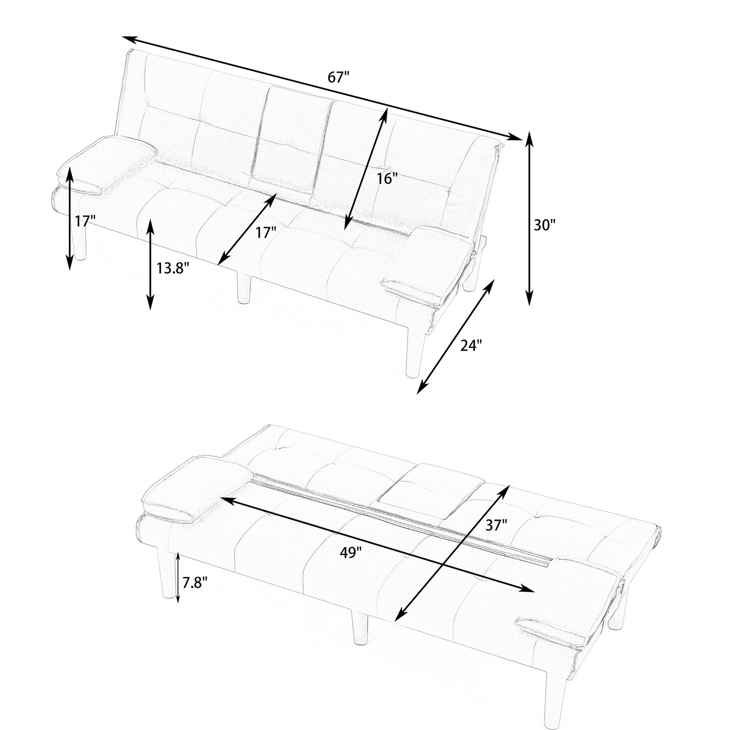 67-Inch Black PVC Multi-Functional Sofa Bed with Cup Holder