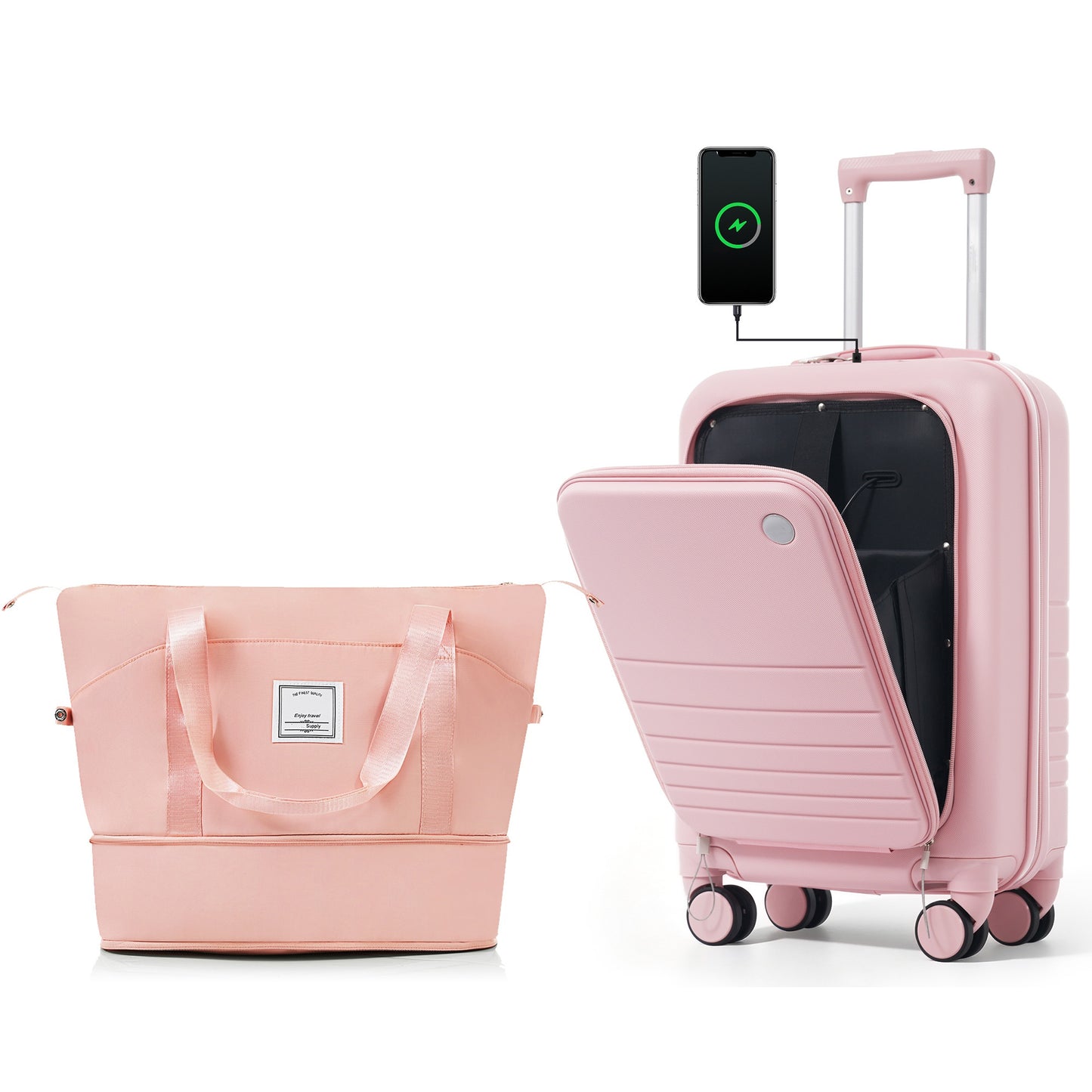 20-Inch Pink Carry-On Luggage Set with Travel Bag & USB Port