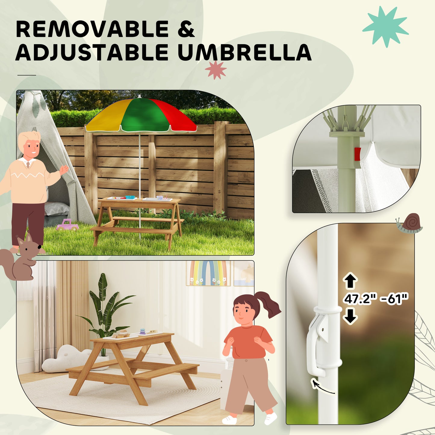 Kids Picnic Table with Removable Umbrella - Mixed Color
