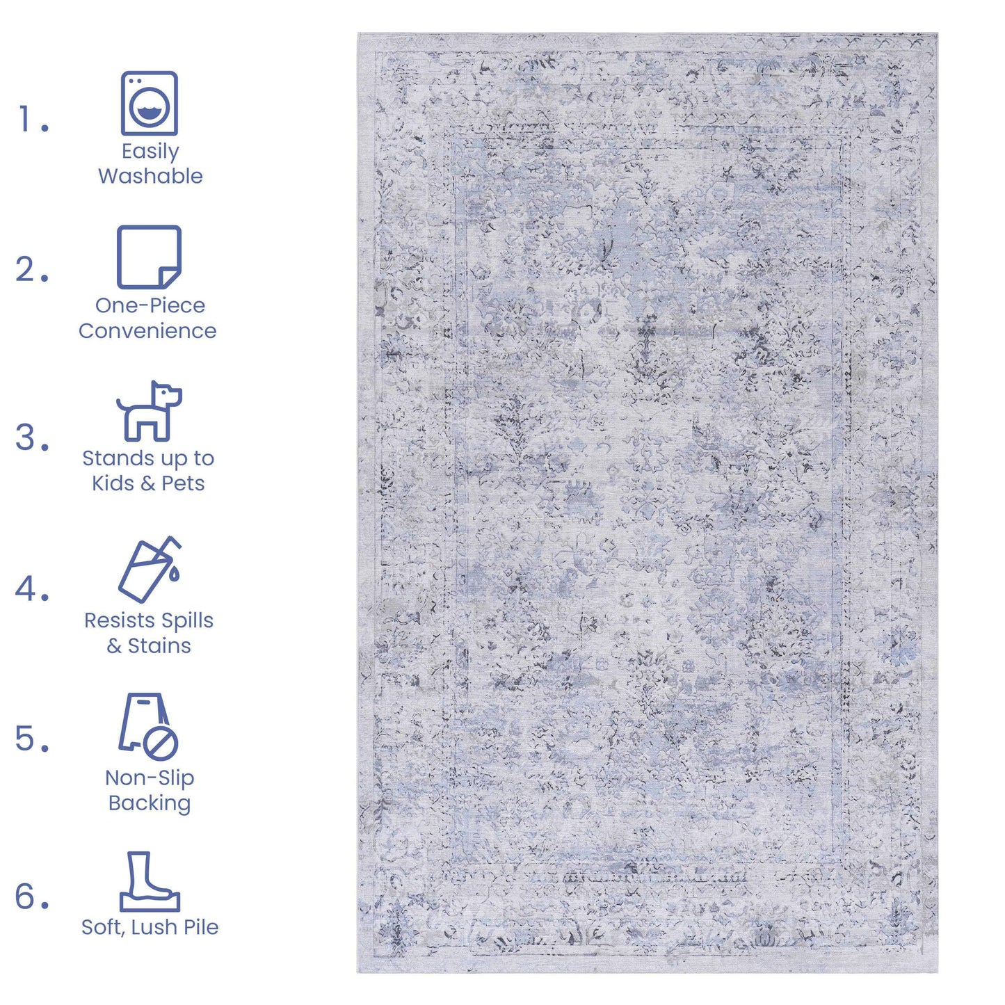 MAVAL Blue Washable Rug 2' X 3' Doormat Cream,