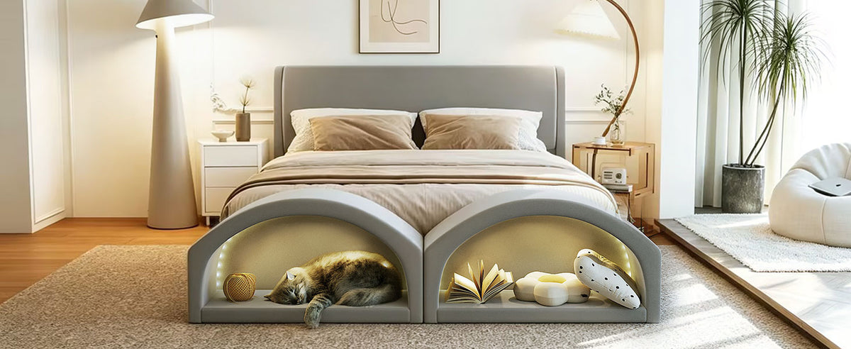 Queen Size Upholstered Platform Bed Frame with Dual Cat Caves & LED Pet Nests - Gray