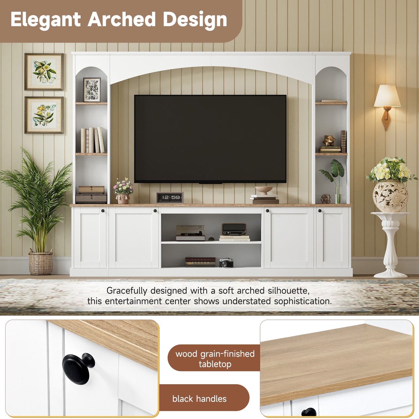 Elegant Arched TV Stand with Bookshelf - White Media Console for TVs Up to 70"