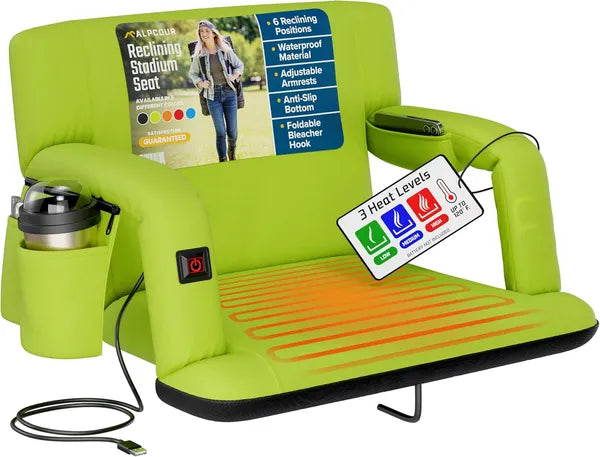 Heated Reclining Stadium Seat with Back Support - Lime, 25" Width