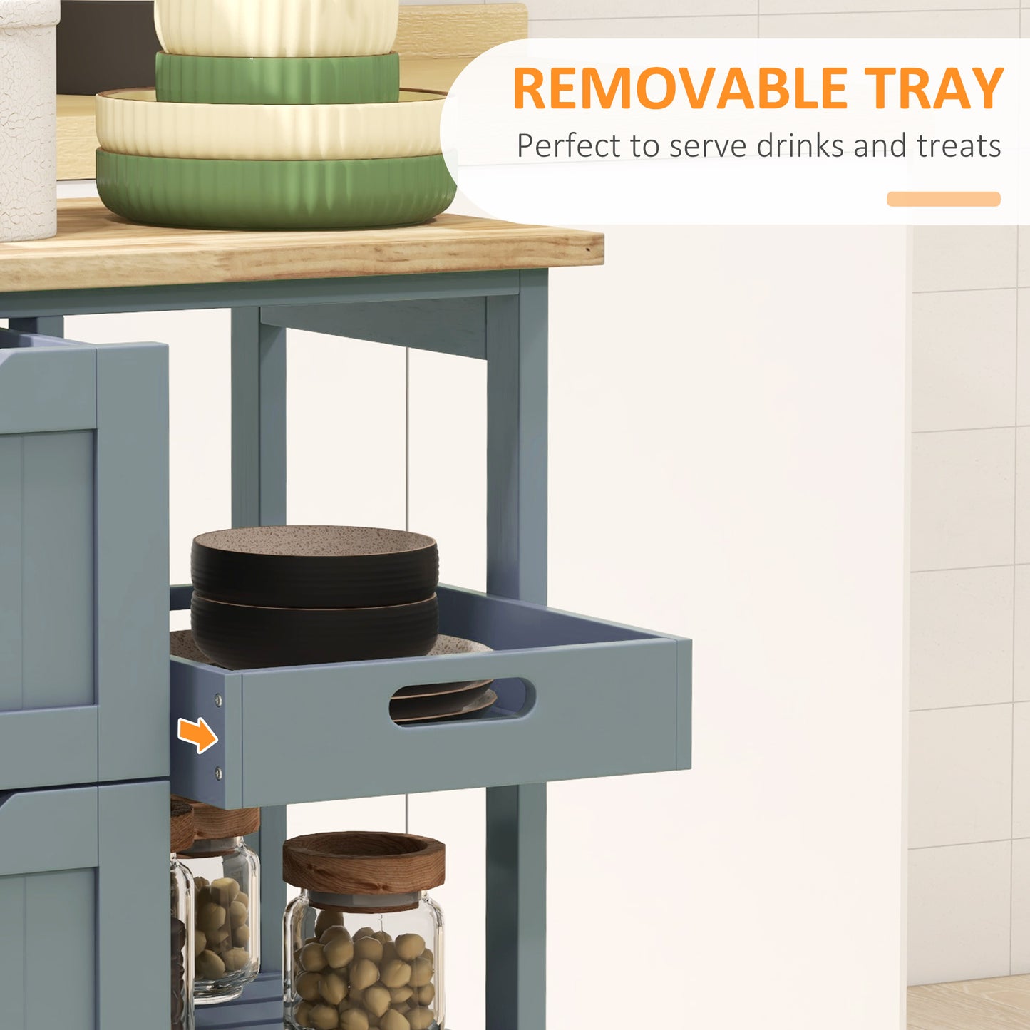 Rolling Kitchen Cart with Wood Top, Shelves & Drawers - Gray