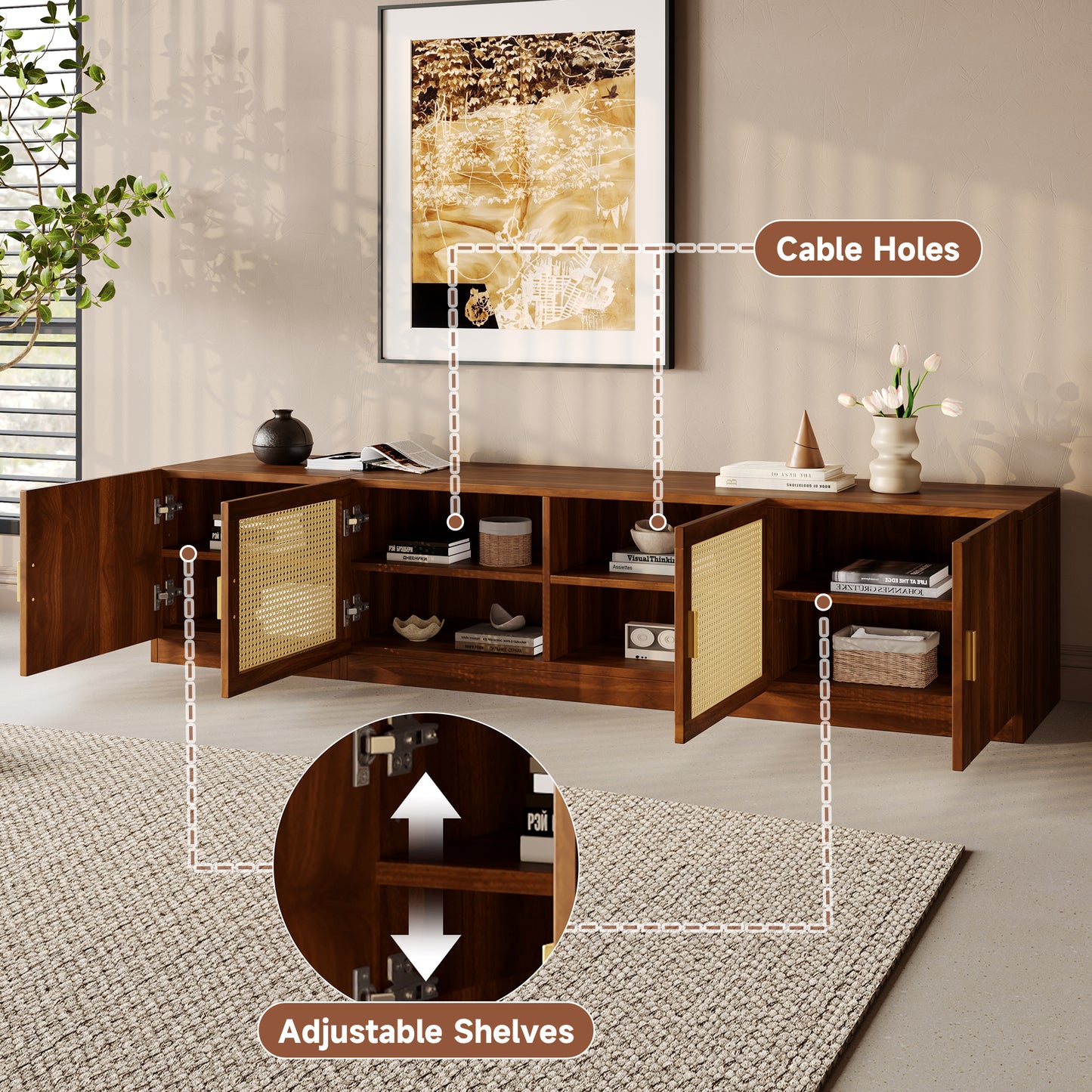 78" TV Stand for TVs Up to 85" - Walnut Media Console with Rattan Doors
