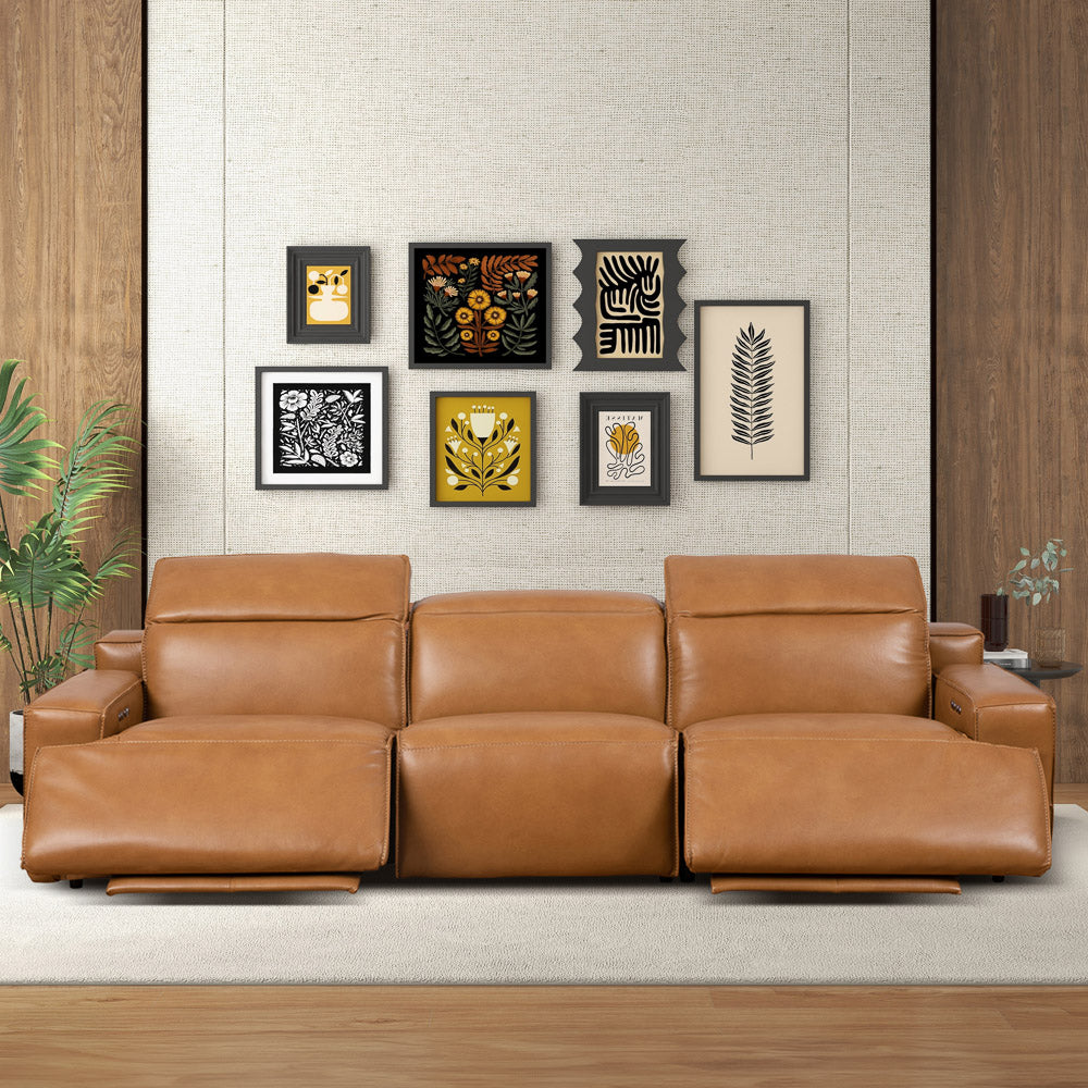 Urbana Triple PWR Recliner Sofa - Tan Leather