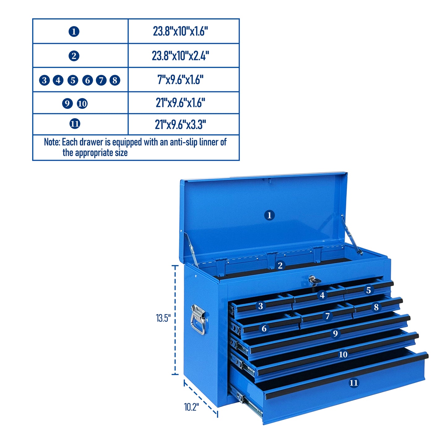 Heavy Duty Metal Tool Box 24-Inch with 9 Drawers and Locking Mechanism - Blue