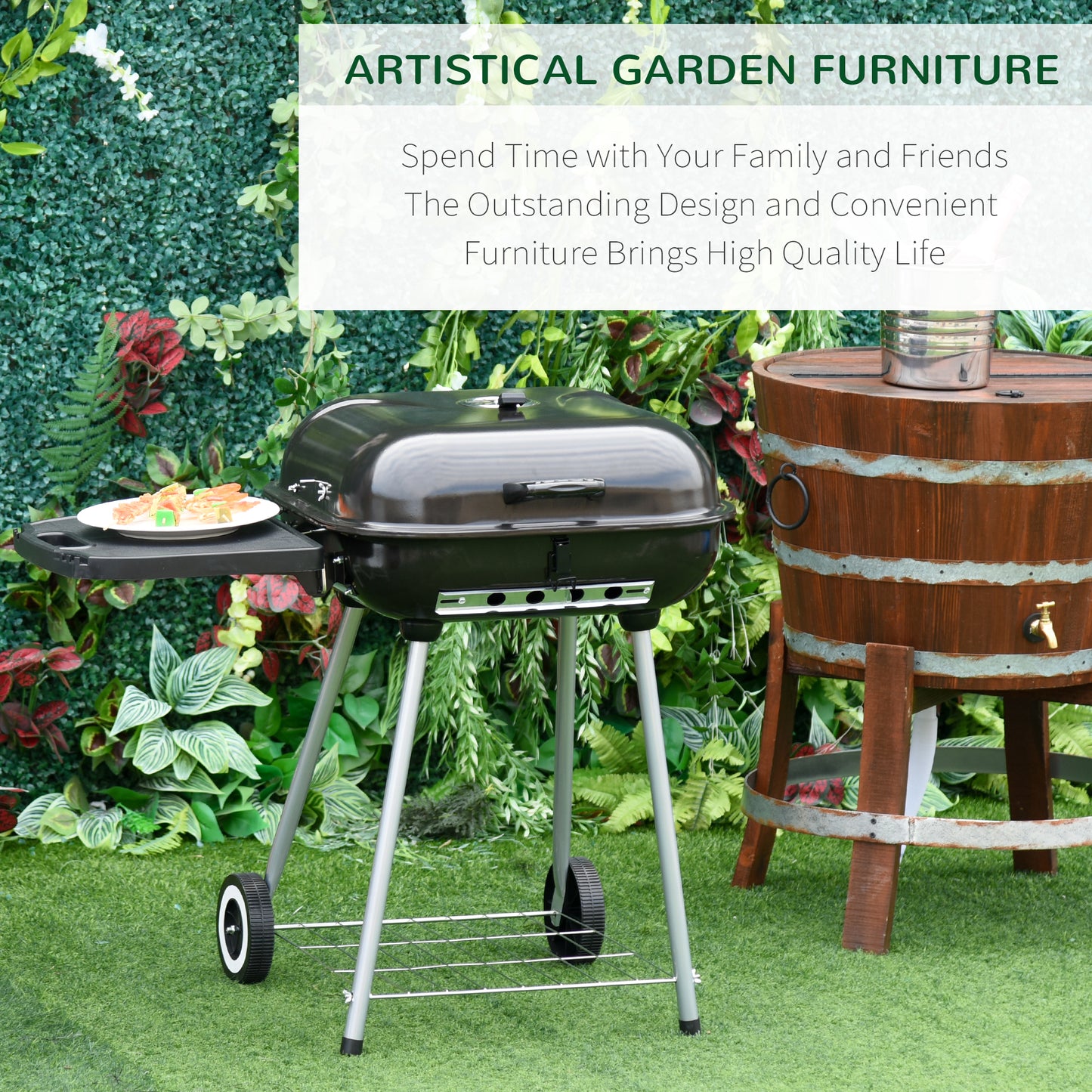 22" Charcoal Barbecue Grill with Side Tray & Portable Wheels