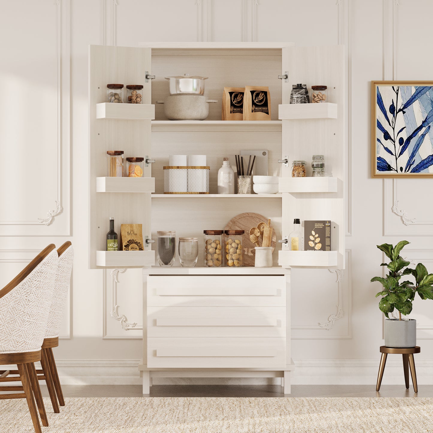 70" Kitchen Pantry Cabinet with Adjustable Shelves & Drawers - White