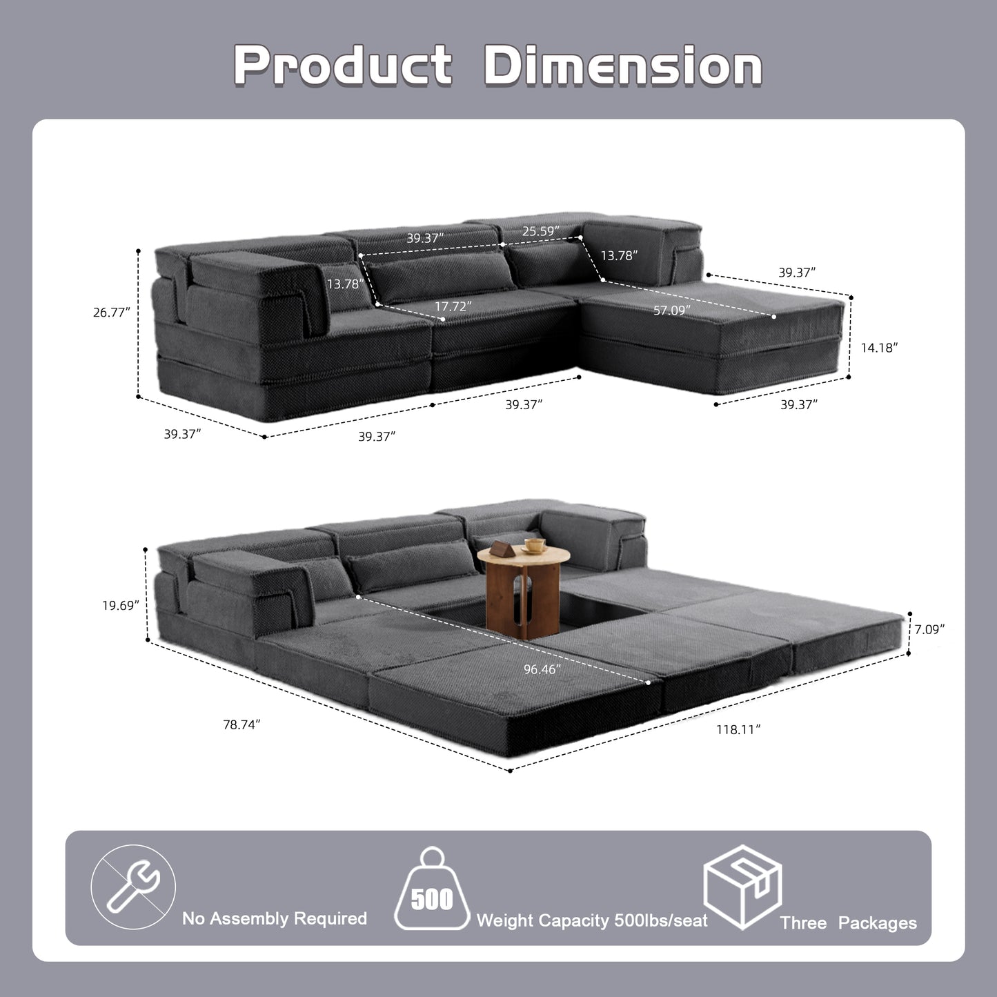 Convertible Floor Sofa Bed with Ottoman - Dark Grey